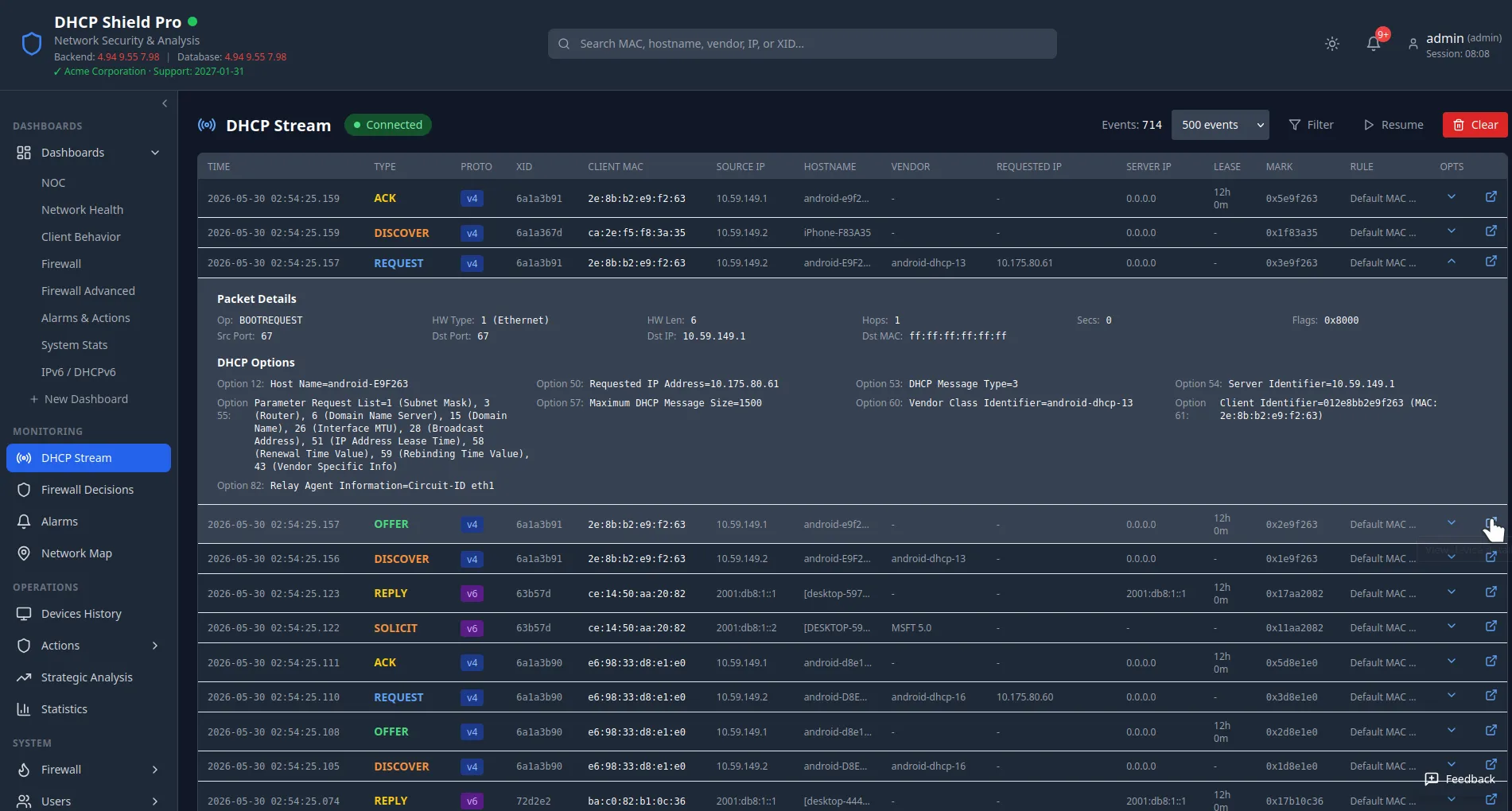 DHCP Shield Pro DHCP Stream: a live table of parsed DHCPv4 and DHCPv6 transactions, one row expanded to show the full set of decoded DHCP options for a single packet.